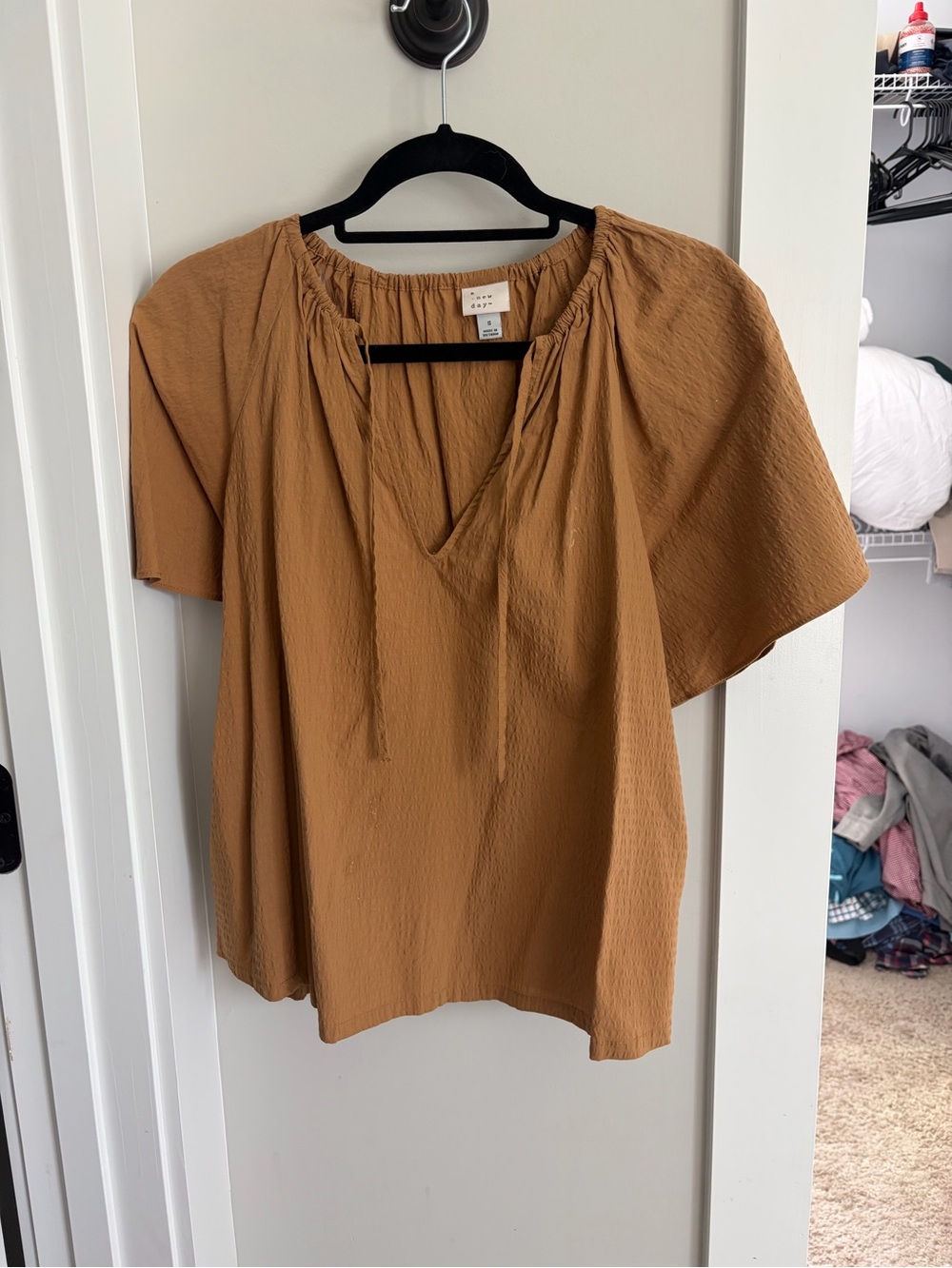 a new day Camel Textured Peasant Blouse